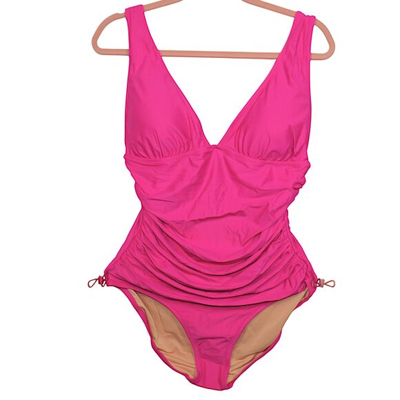 J. Crew Fuchsia Ruched One Piece V Neck Swimsuit Size 12 - Picture 1 of 11